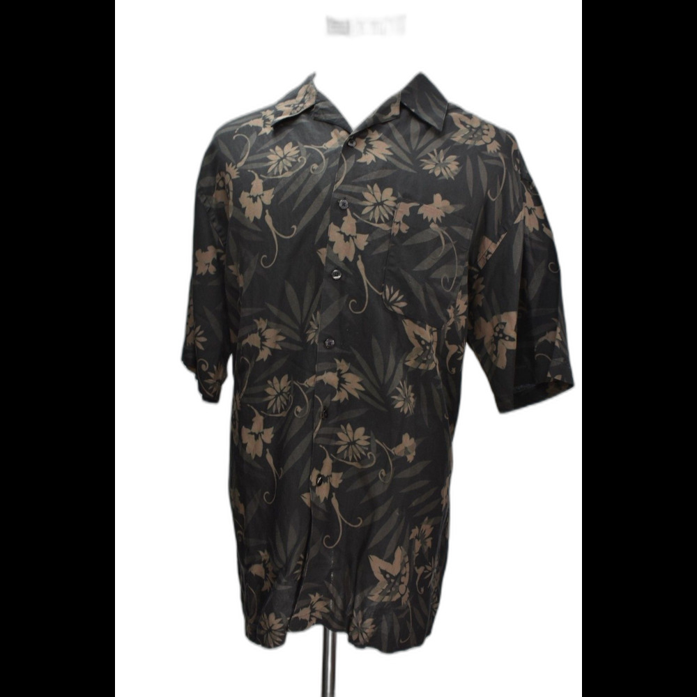PERRY ELLIS Men’s Hawaiian Button Down Shirt Size L Floral Black Short Sleeves